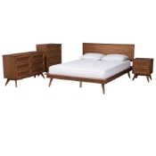 Baxton Studio Melora Mid-Century Modern Walnut Brown Finished Wood and Rattan Queen Size 4-Piece Bedroom Set